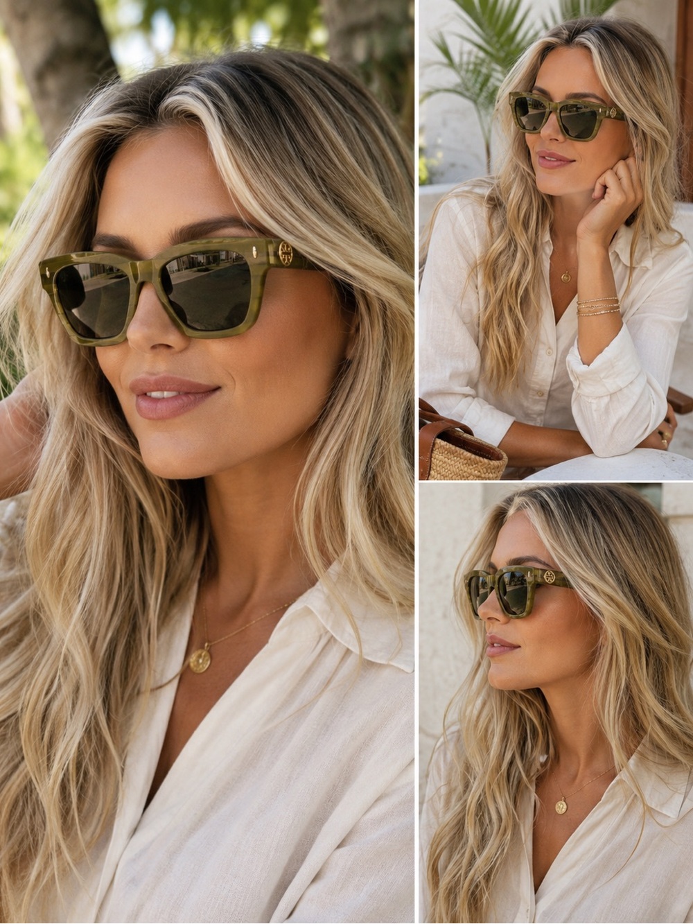 Tory Burch Olive Green Square Sunglasses with Logo Detail